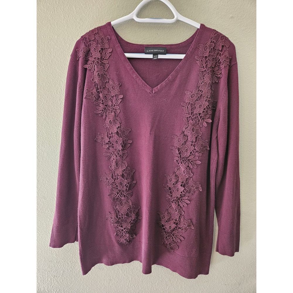 Lane Bryant Womens V-Neck Long Sleeve Casual Crochet Lace Pullover Sweater 14/16